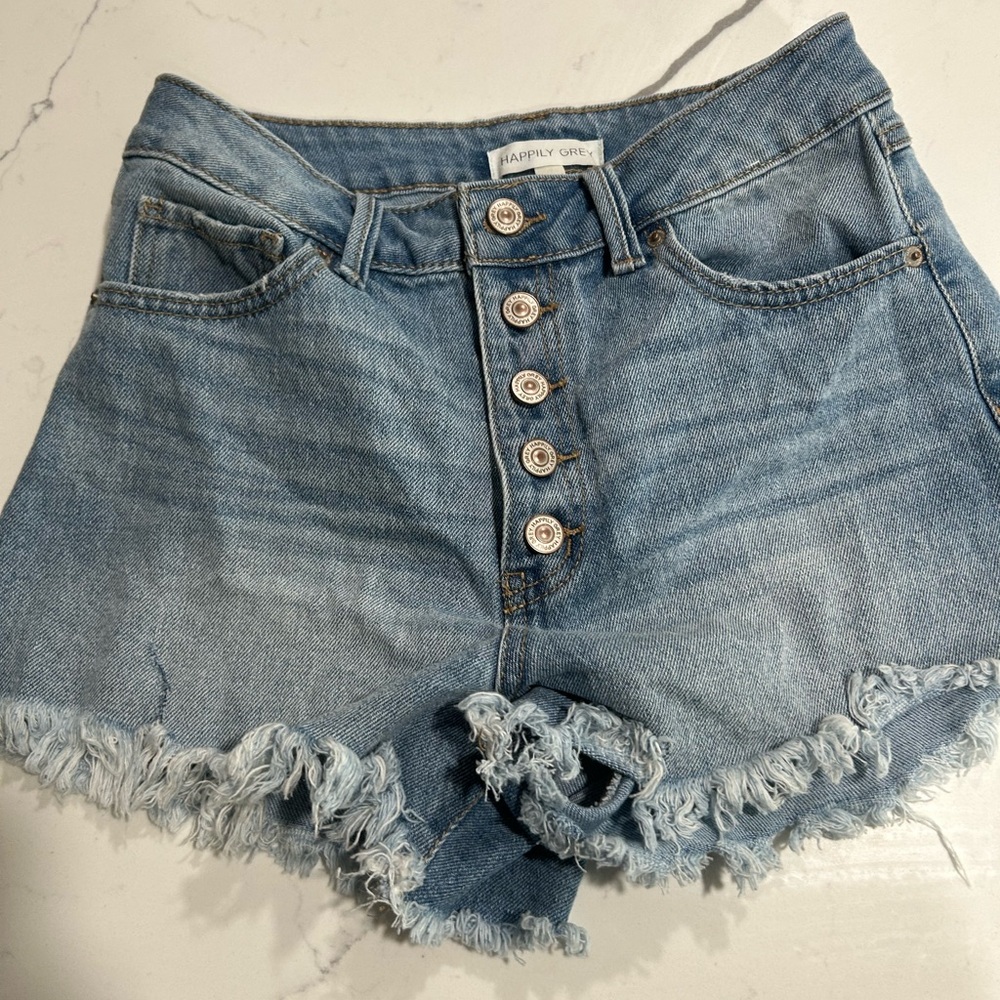 Blue Jean Shorts with Distressed Hem and Relaxed Fit